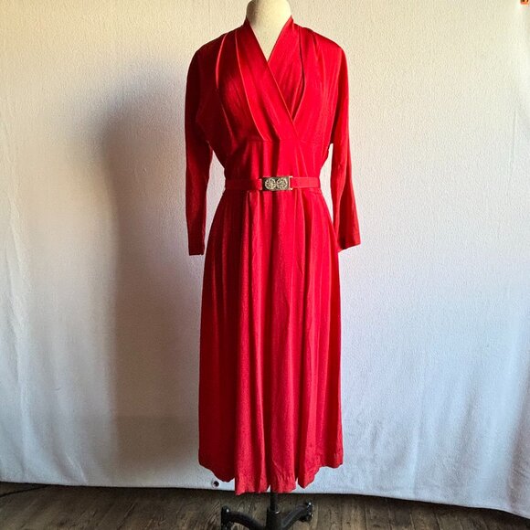 1950s Red Rayon Crepe Fit & Flare New Look Dress with Rhinestone Belt - Picture 1 of 11